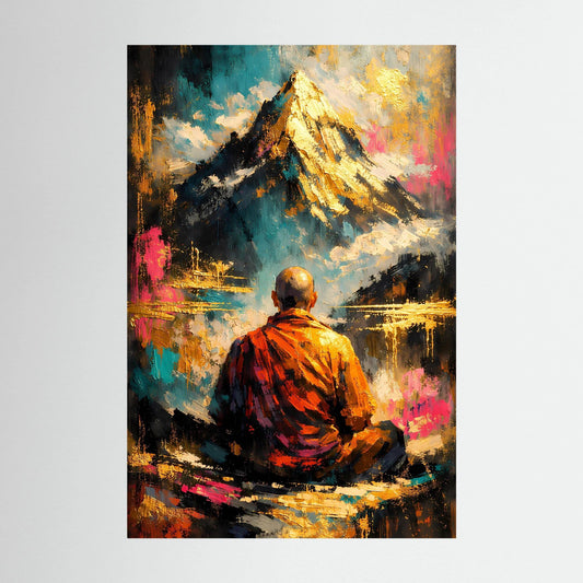 Hochformatiges Kunstposter: abstrakte sitzende Mönchfigur mit Berg und leuchtenden Farben