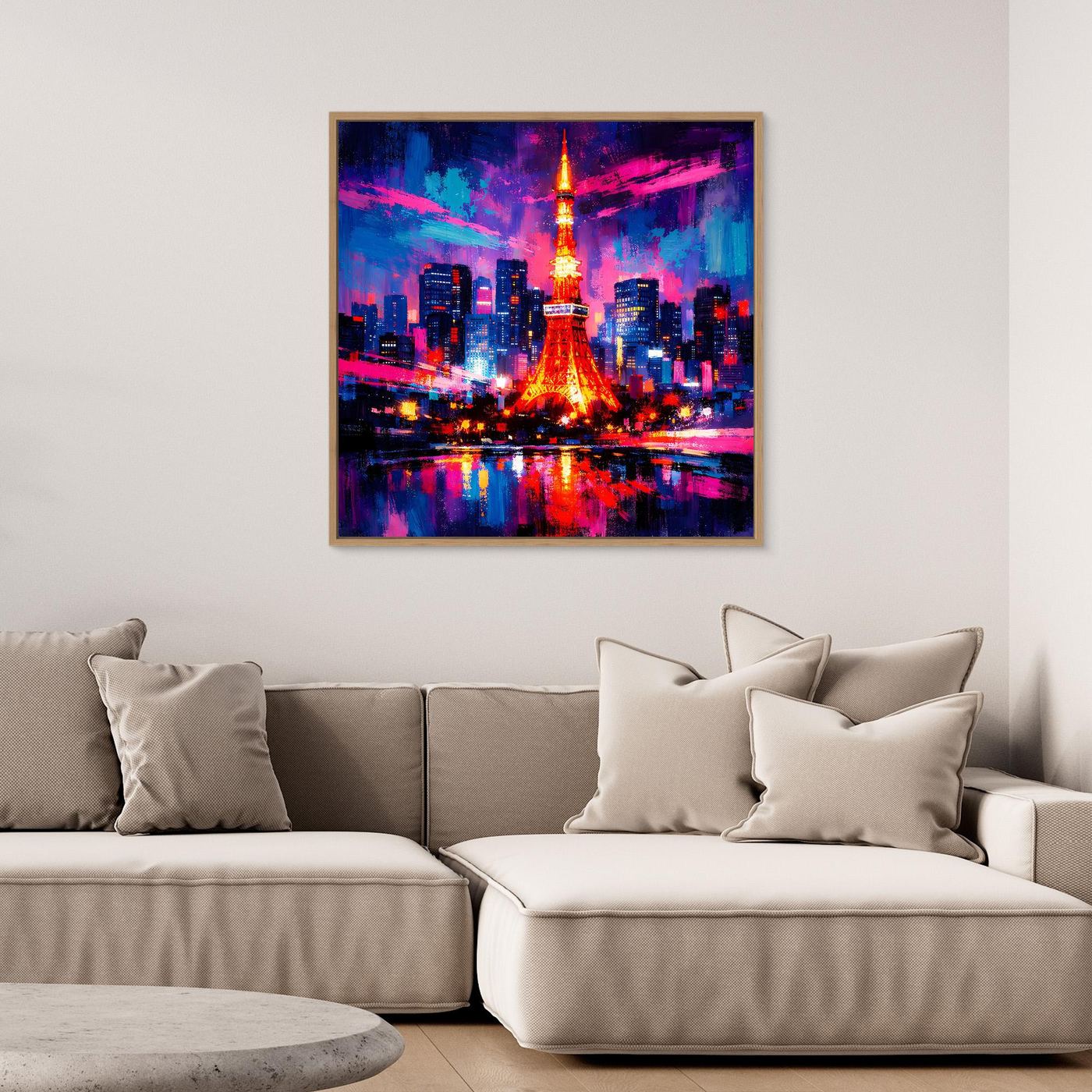 Abstraktes Skyline-Wandbild mit farbiger Lichtstadt und Turm, brauner Holzrahmen