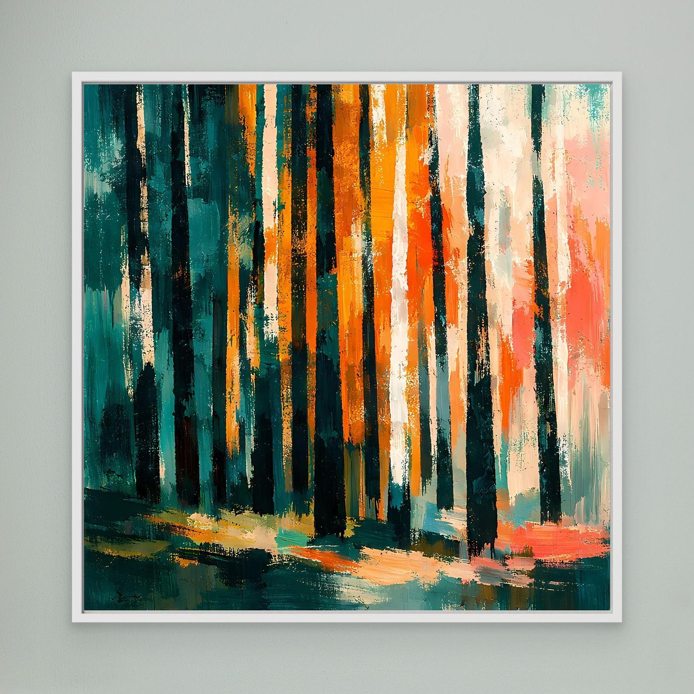Wandbild mit abstraktem Birkenwald, weiß gerahmt, türkis-orange Baumstämme