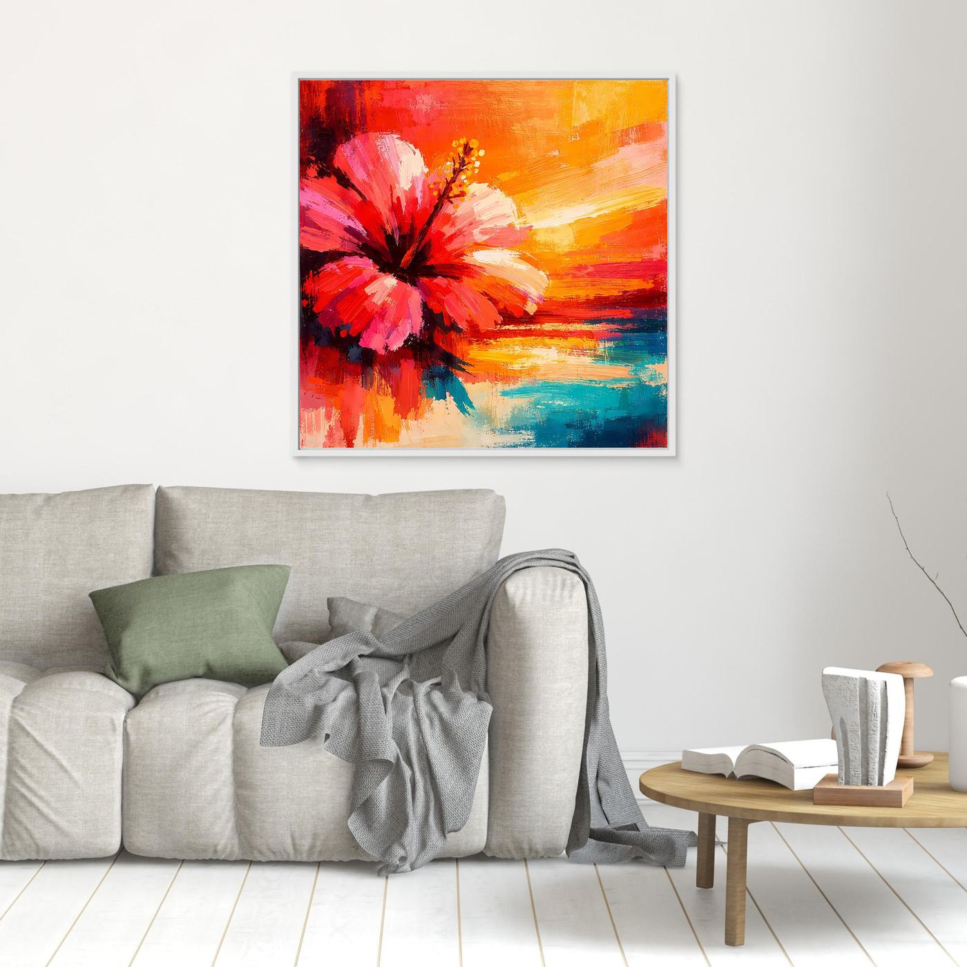 Leinwand Abstraktes Hibiskusblütenbild am Meer | Modernes Küsten Wandbild Bunt
