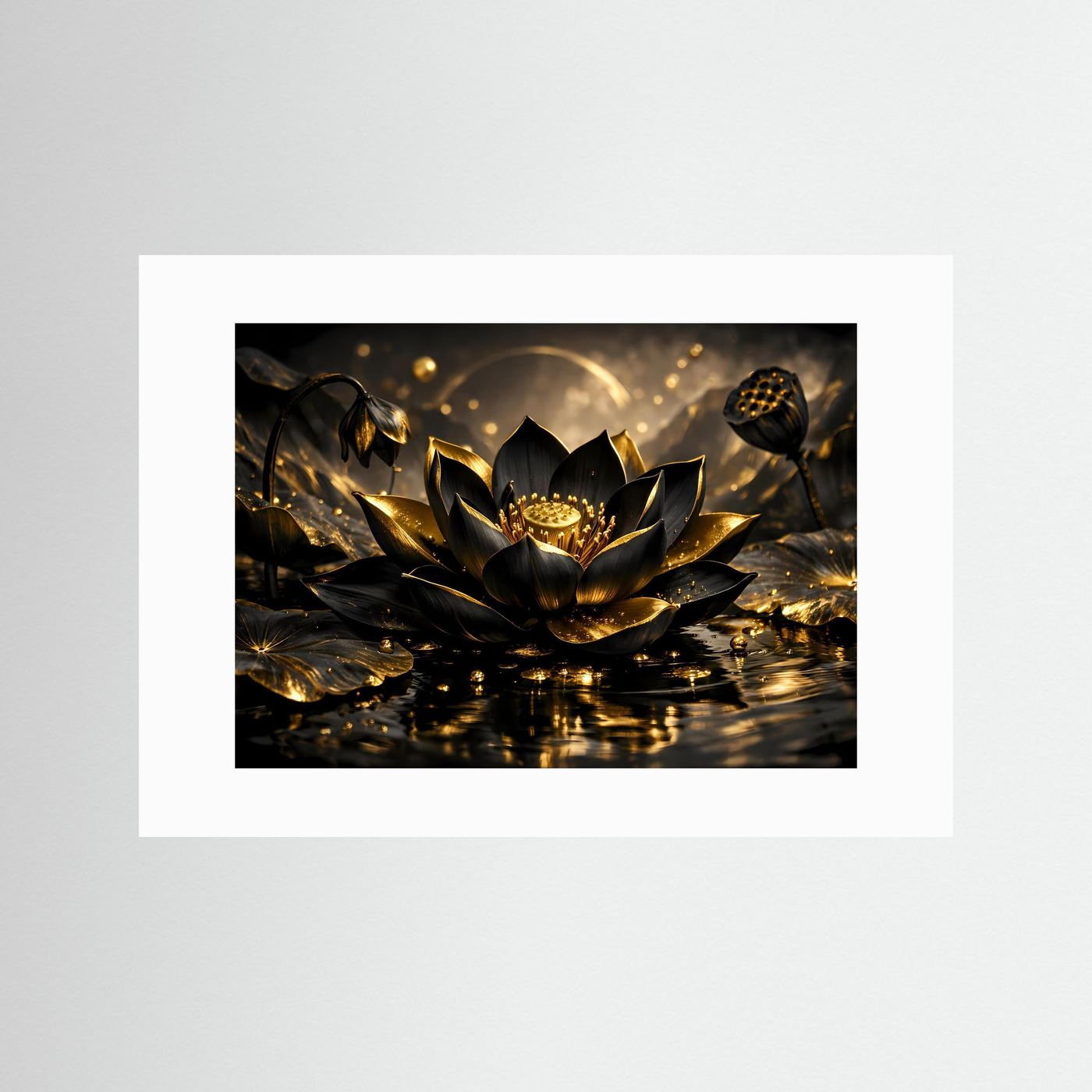 Lotusblüten-Wandbild Querformat mit weißem Passepartout, schwarze Blüte mit goldenen Akzenten