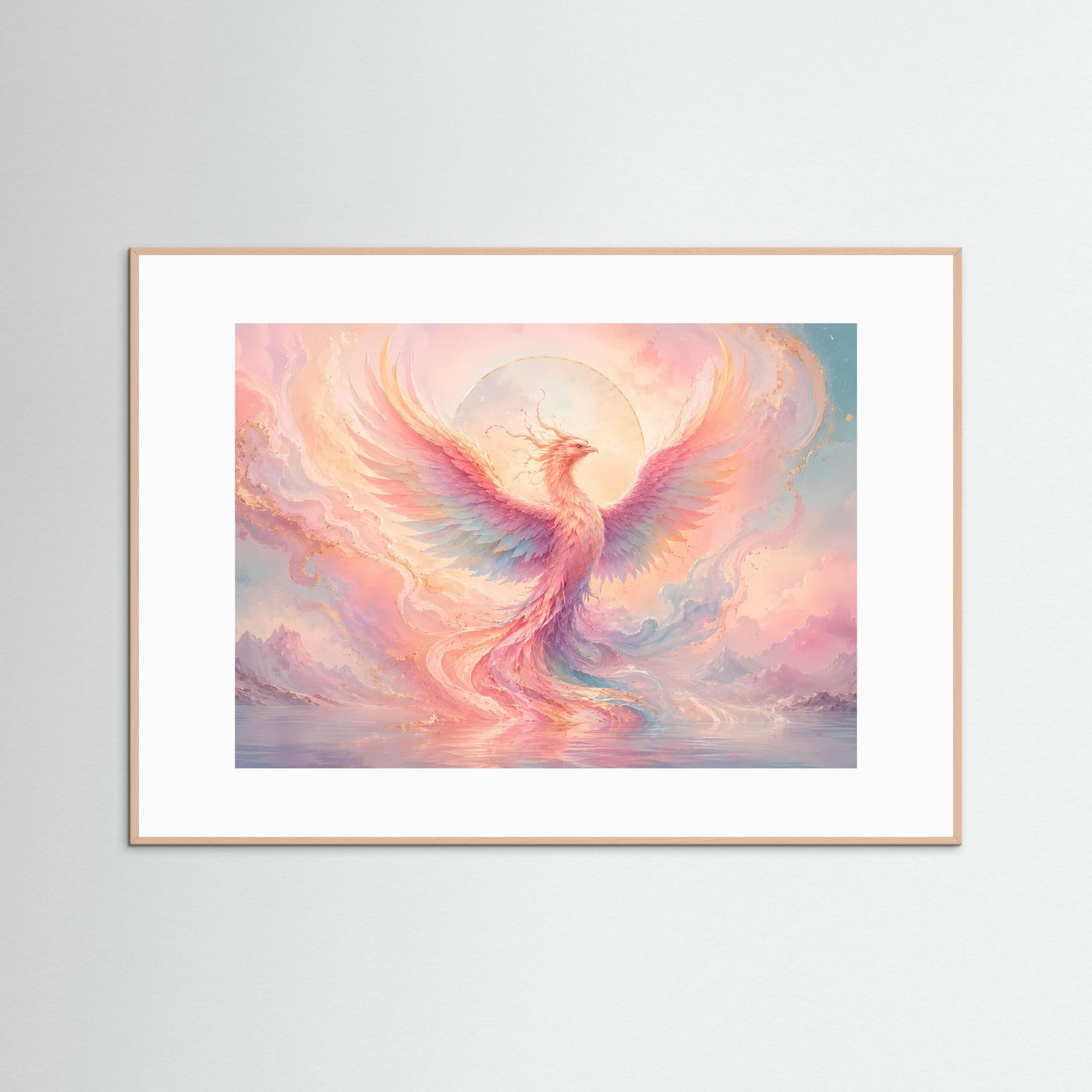 Phönix Poster Pastell | Mystischer Feuervogel Wandkunst | Abstrakte Fantasy Kunst | Elegantes Wandbild in Rosa & Gold
