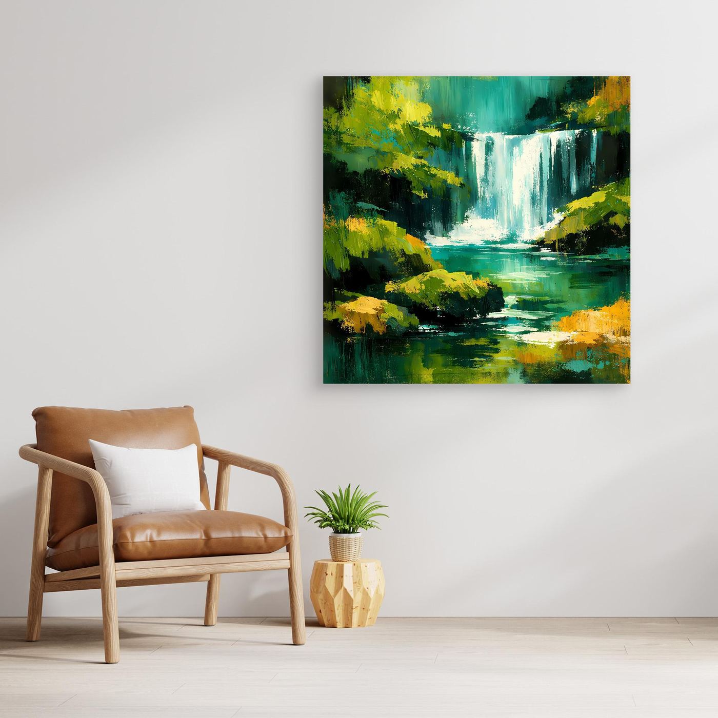 Leinwandbild mit abstraktem Wasserfall im Dschungel, ungerahmt.