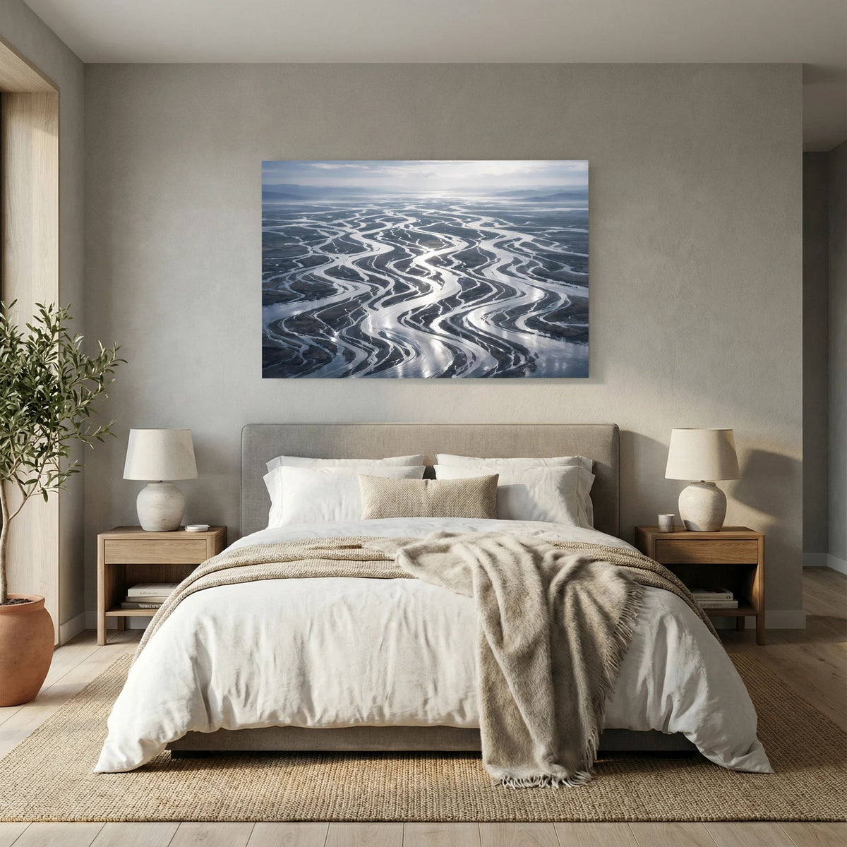 Wandbild im Querformat: verzweigtes Flussdelta aus der Vogelperspektive, blau-grau