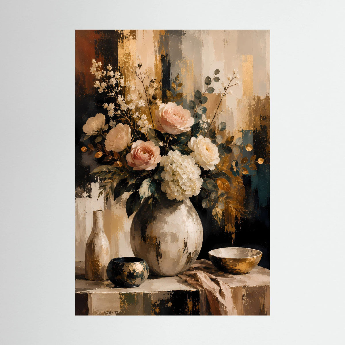 Blumenstillleben-Poster mit Rosen und Hortensien in Vase, abstrakt, ohne Rahmen