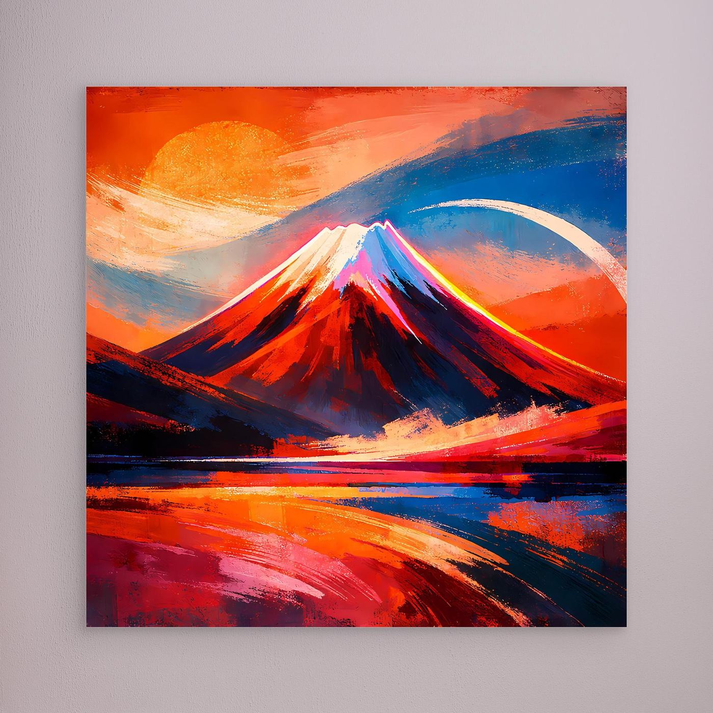 Wandbild ohne Rahmen mit abstraktem Berg im Sonnenuntergang, Rot-Blau