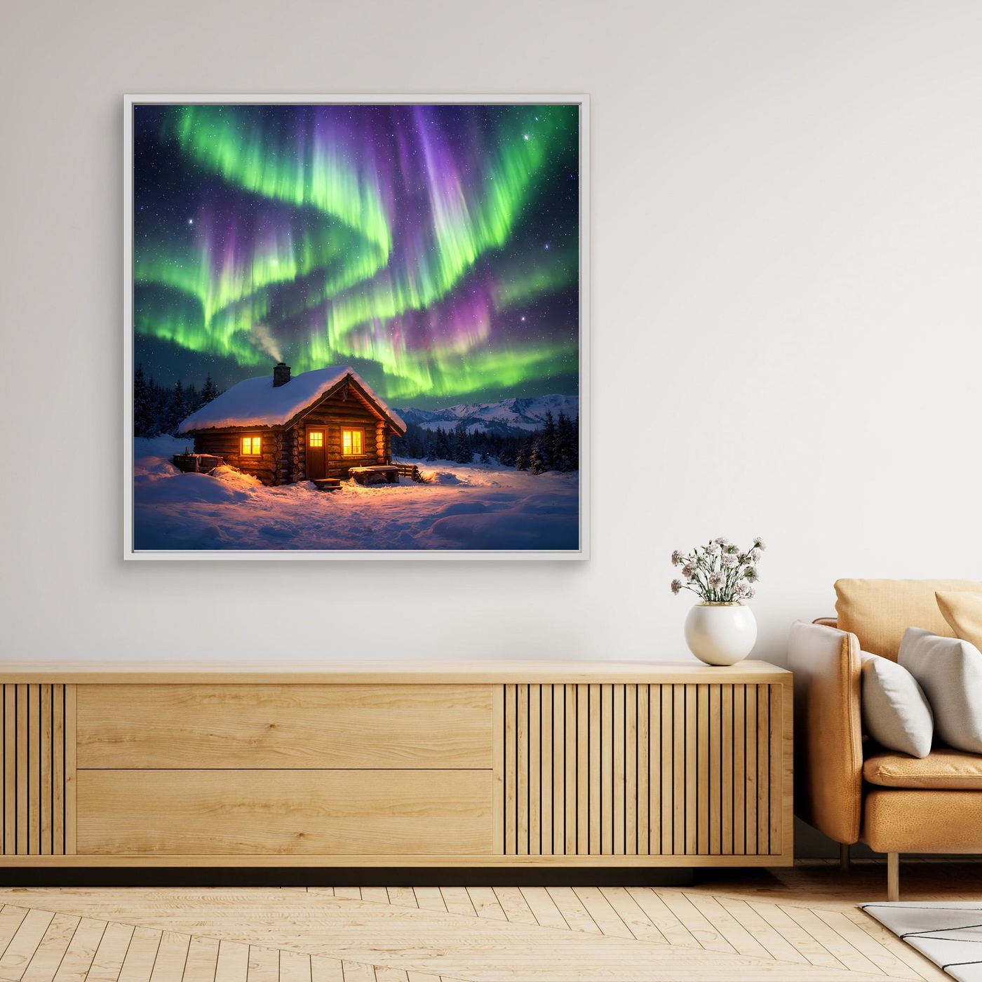 Leinwandbild mit Aurora am Nachthimmel und beleuchtetem Holzhaus, weiß gerahmt