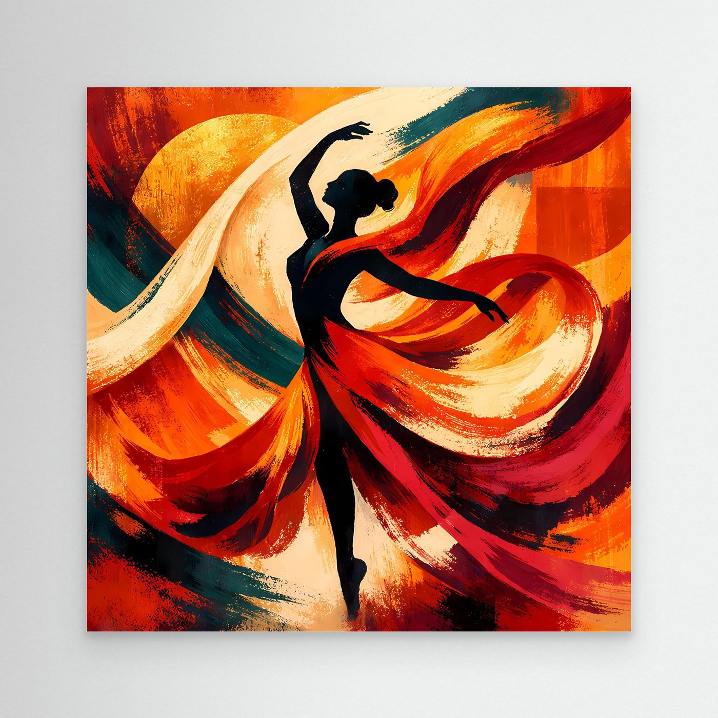 Leinwandbild mit schwarzer Silhouette einer Tänzerin und feurigen Pinselstrichen in Rot und Orange