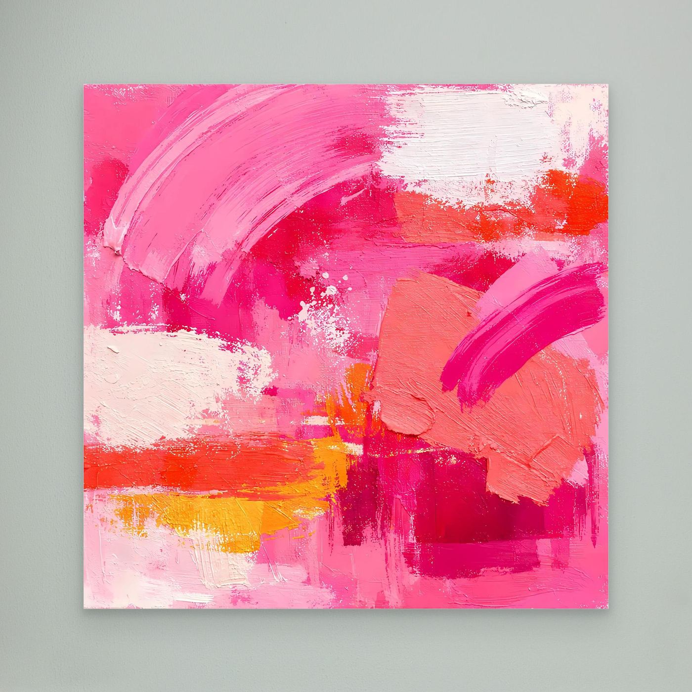 Quadratisches abstraktes Leinwandbild: rosa Pinselstriche, orange Akzente, weißer Auftrag.