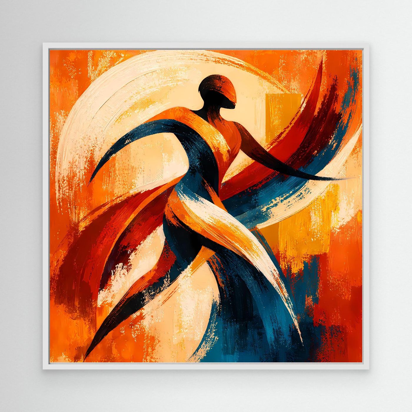 Leinwandbild abstrakte Tänzer-Silhouette mit weißem Rahmen, orange-rote und blaue Pinselzüge