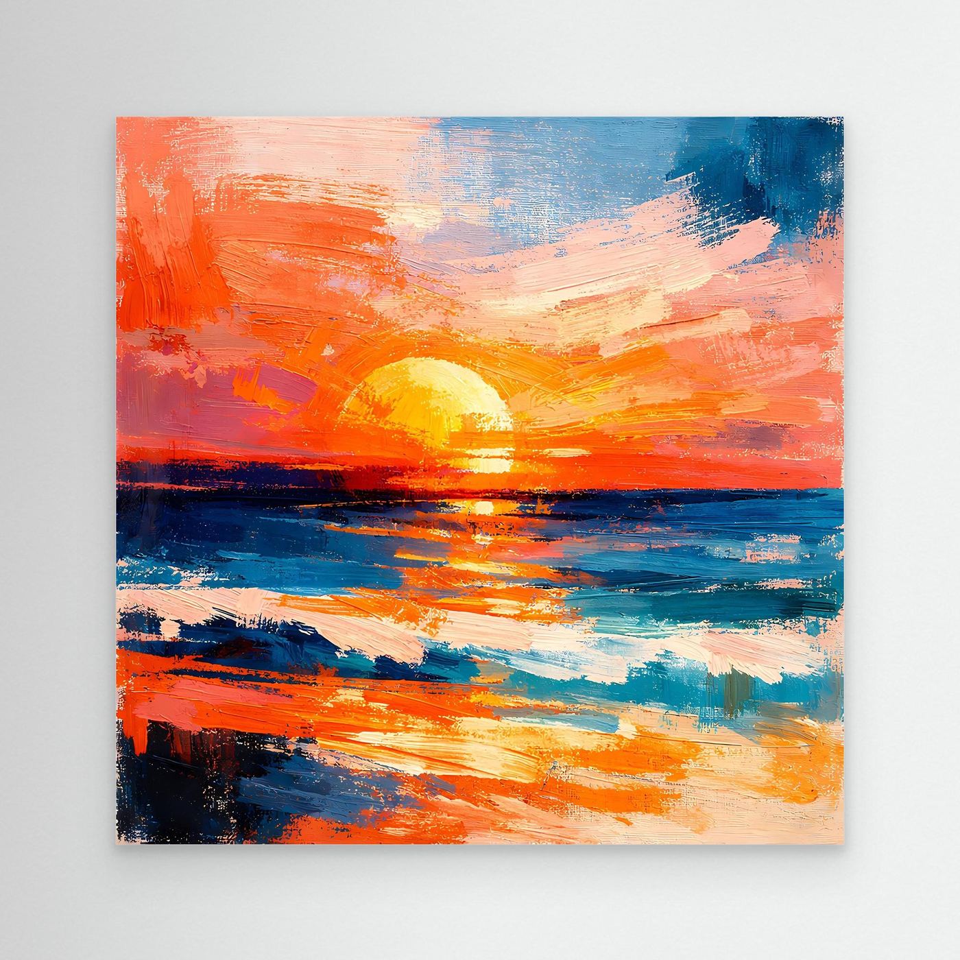 Abstract ocean sunset canvas wall art with visible brushstrokes