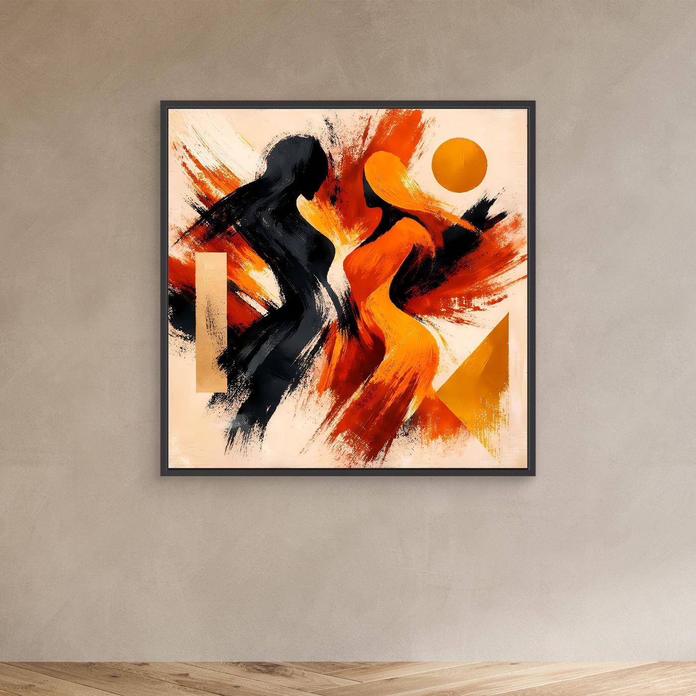Gerahmtes abstraktes Wandbild mit schwarzen und orangefarbenen Silhouetten, Sonnenkreis, Strahlen