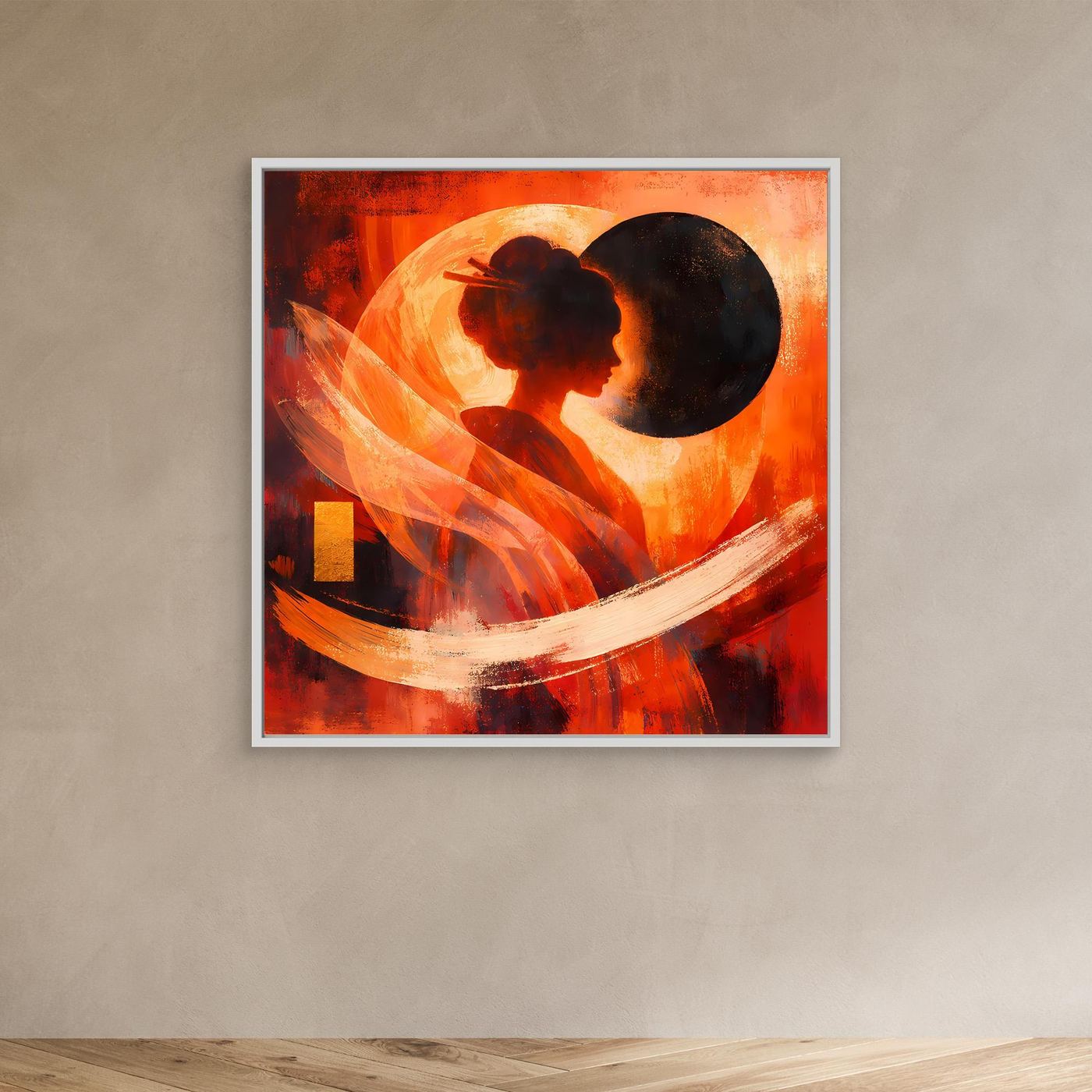 Leinwandbild mit Geisha-Silhouette und Kreisform, weißer Rahmen