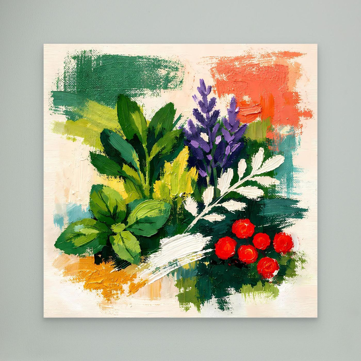 Abstract herb wall art painting with green leaves, purple stems, and red round blossoms on canvas