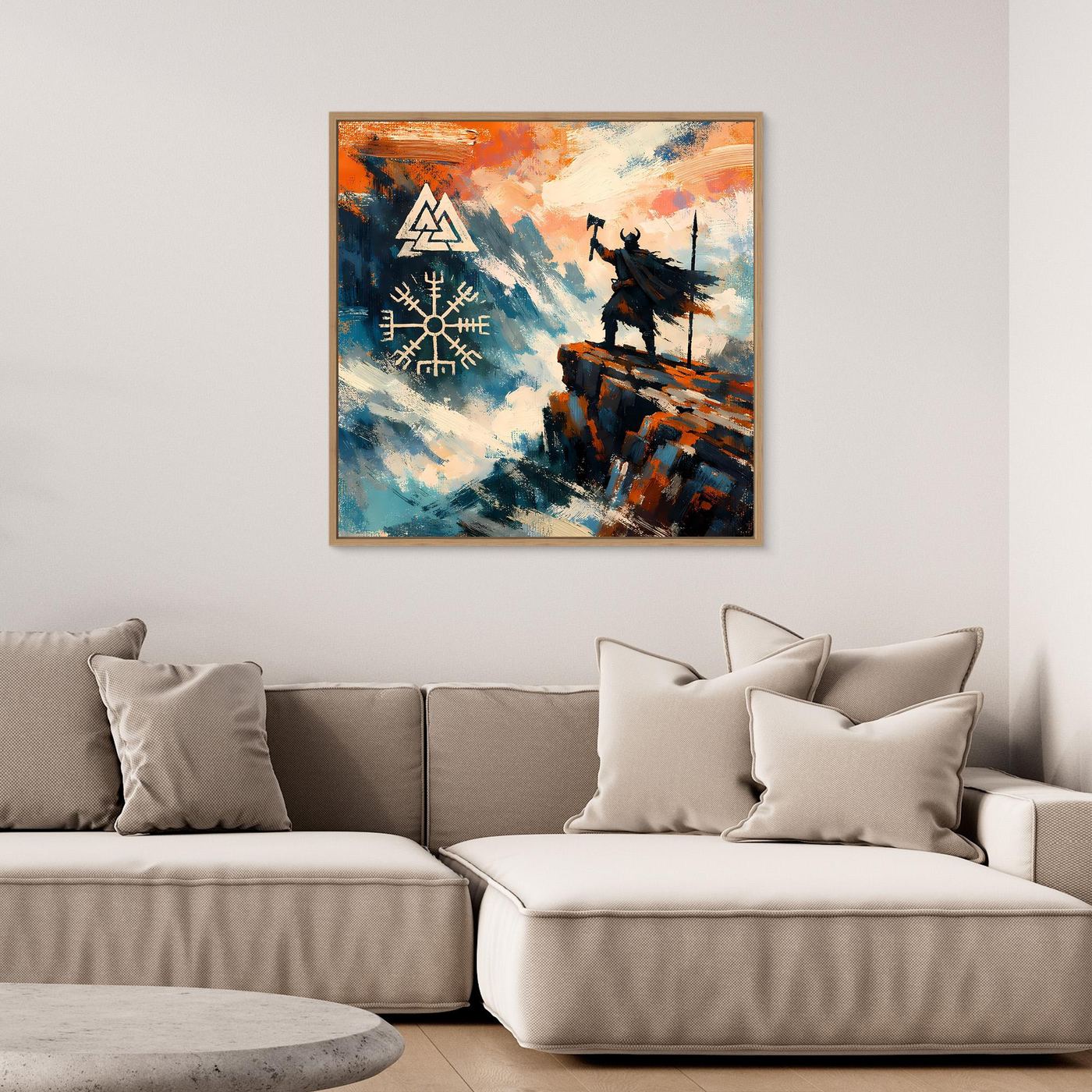 Gerahmtes Leinwand-Wandbild mit Wikingermotiv und Vegvisir, Rahmen in hellem Holz