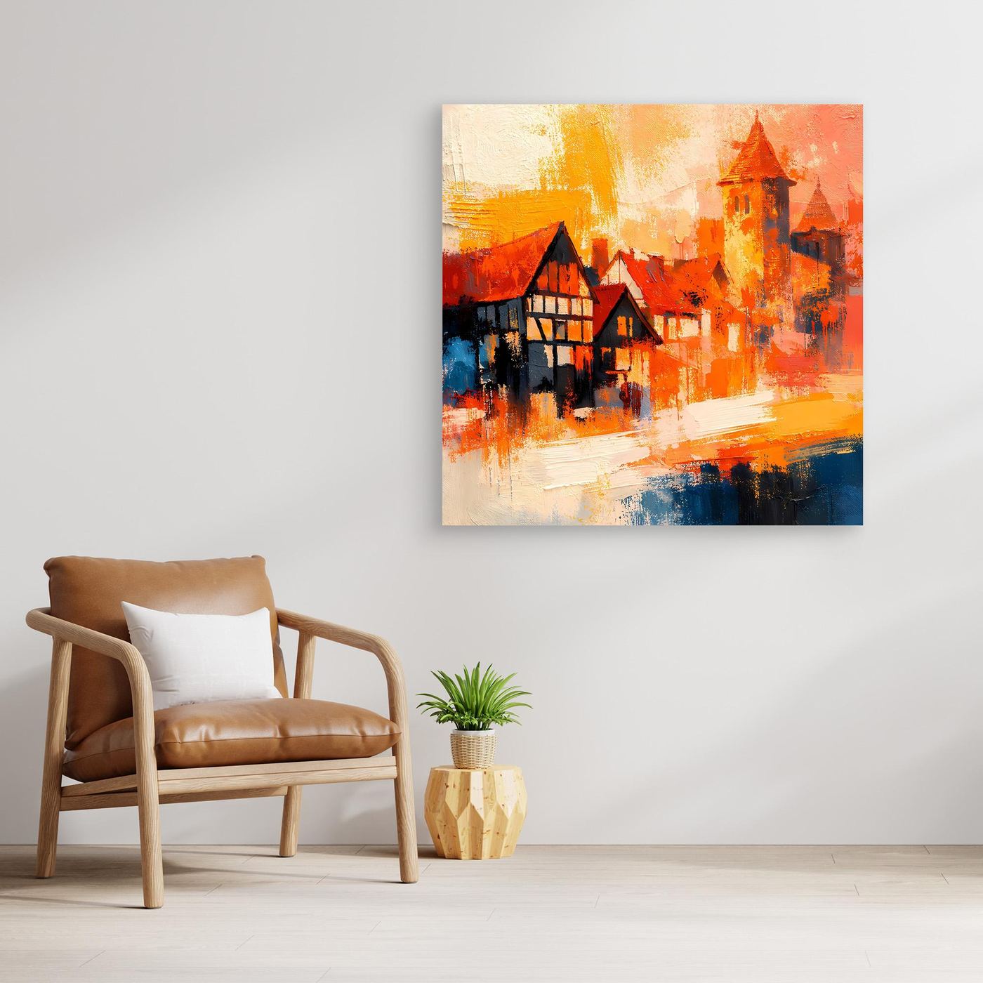Premium Leinwand Romantische Altstadt im Farbenrausch | Modernes Fachwerk Wandbild abstrakt