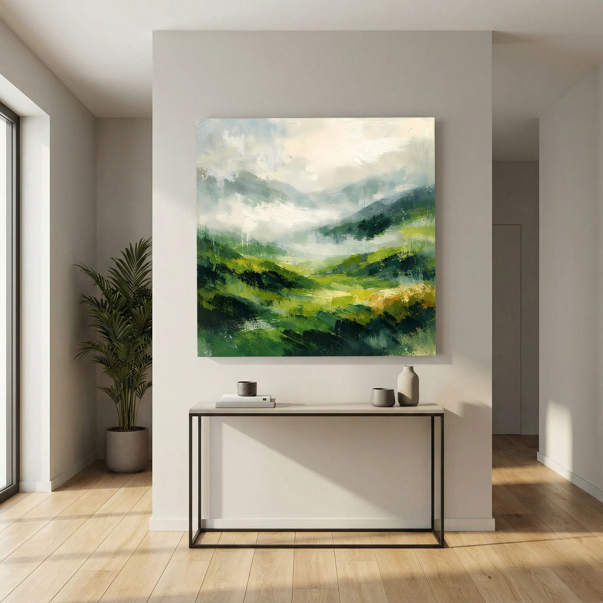 Leinwand Abstraktes Hügellandschaft Gemälde | Modernes Grünes Tal Wandbild Natur