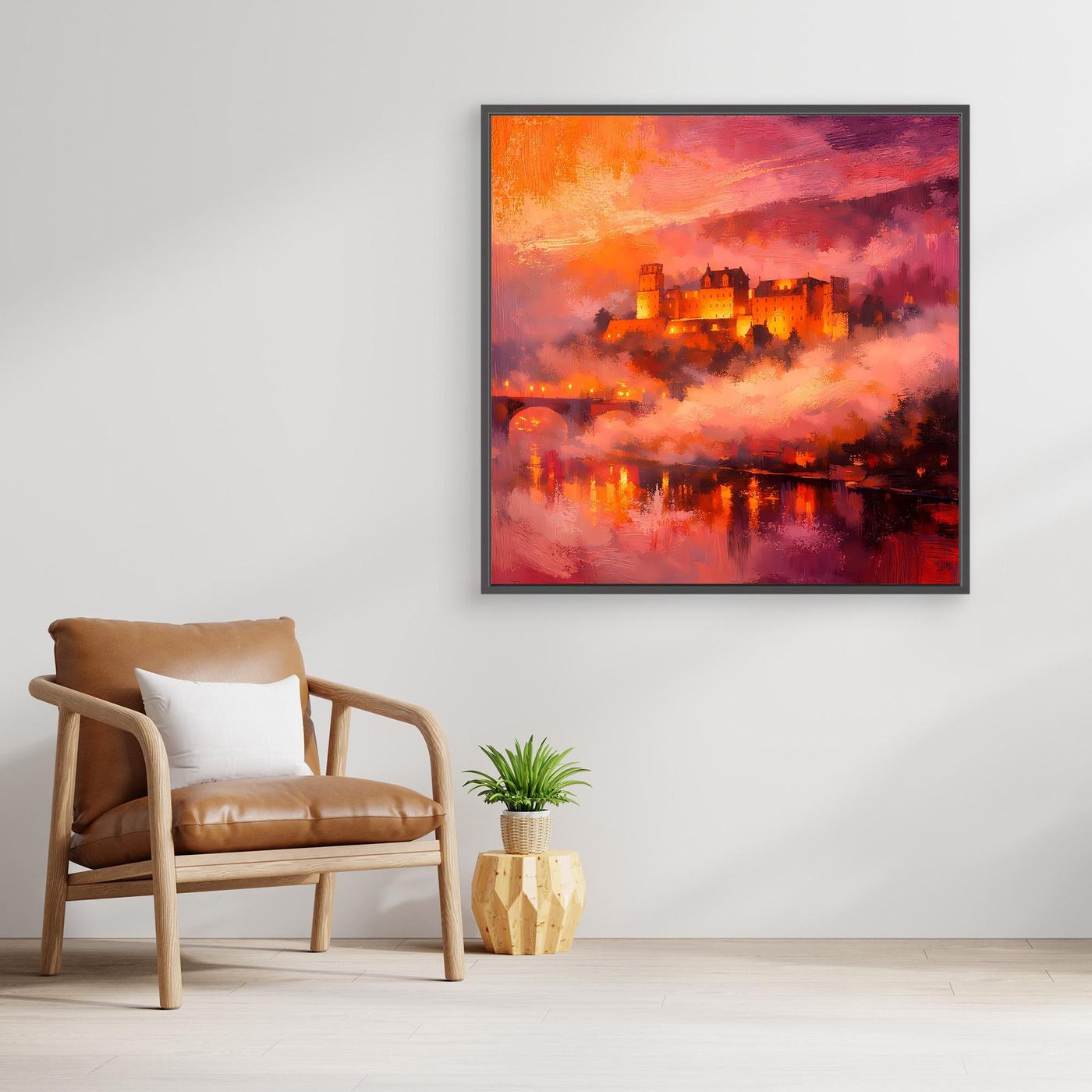 Premium Leinwand Imposantes Schloss im Abendrot | Abstraktes Castle Wandbild in feurigen Farben