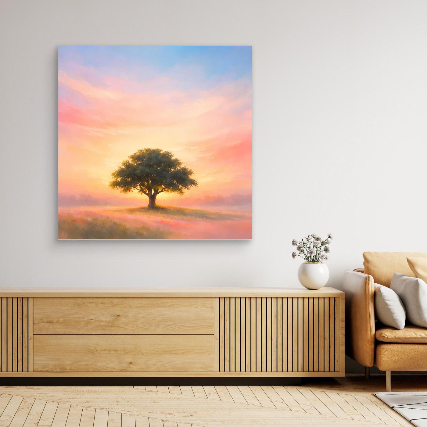 Leinwandbild einsamer Baum im Sonnenaufgang, pastellfarben, ohne Rahmen