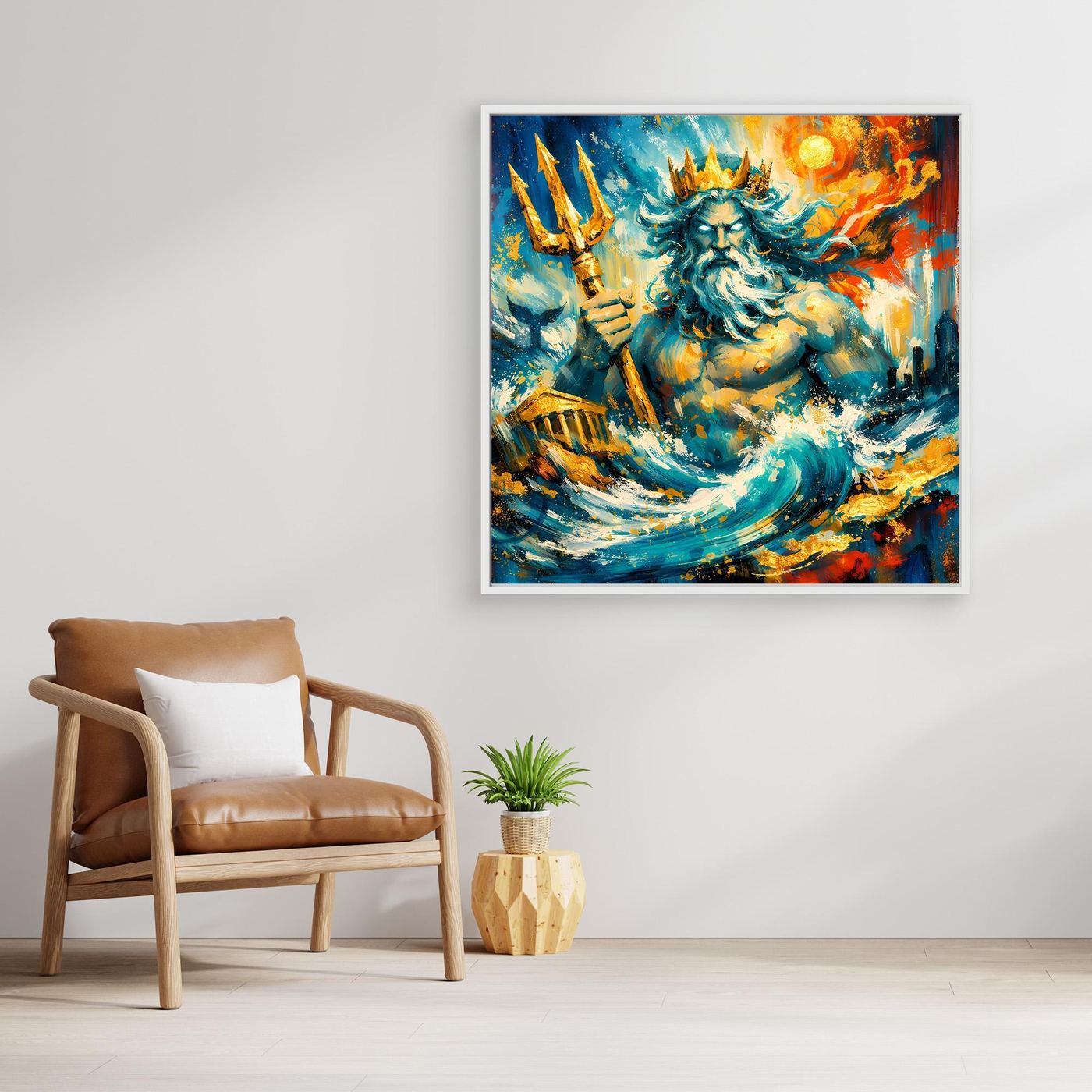 Gerahmtes Leinwandbild mit Poseidon-Meerwesen und abstrakten Wellen, kräftige Farben