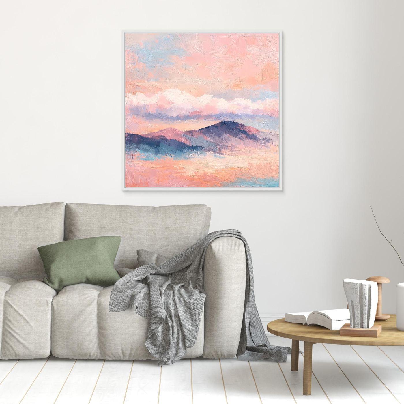 Quadratisches Leinwand-Wandbild mit Pastell-Bergkette und Sonnenuntergangswolken, rosafarben gerahmt