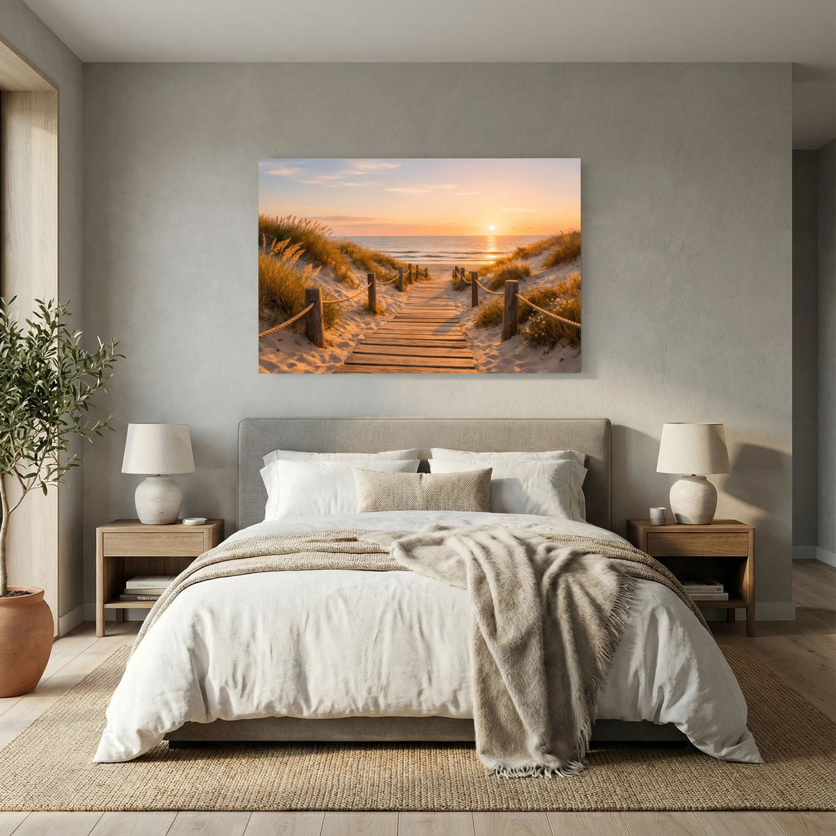 Wandbild mit Holzsteg zwischen Dünen zum Meer, Abendsonne am Horizont