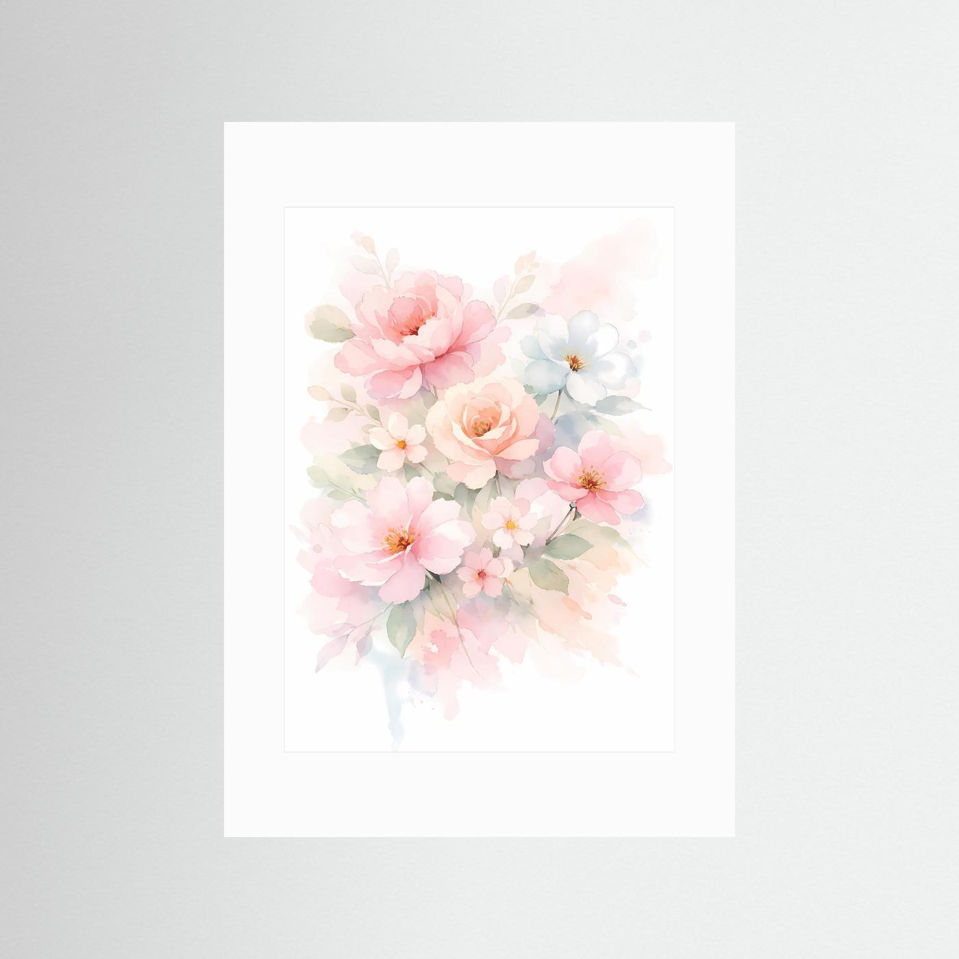 Poster mit Aquarell-Blumenbouquet in Pastellfarben, weißer Rahmen