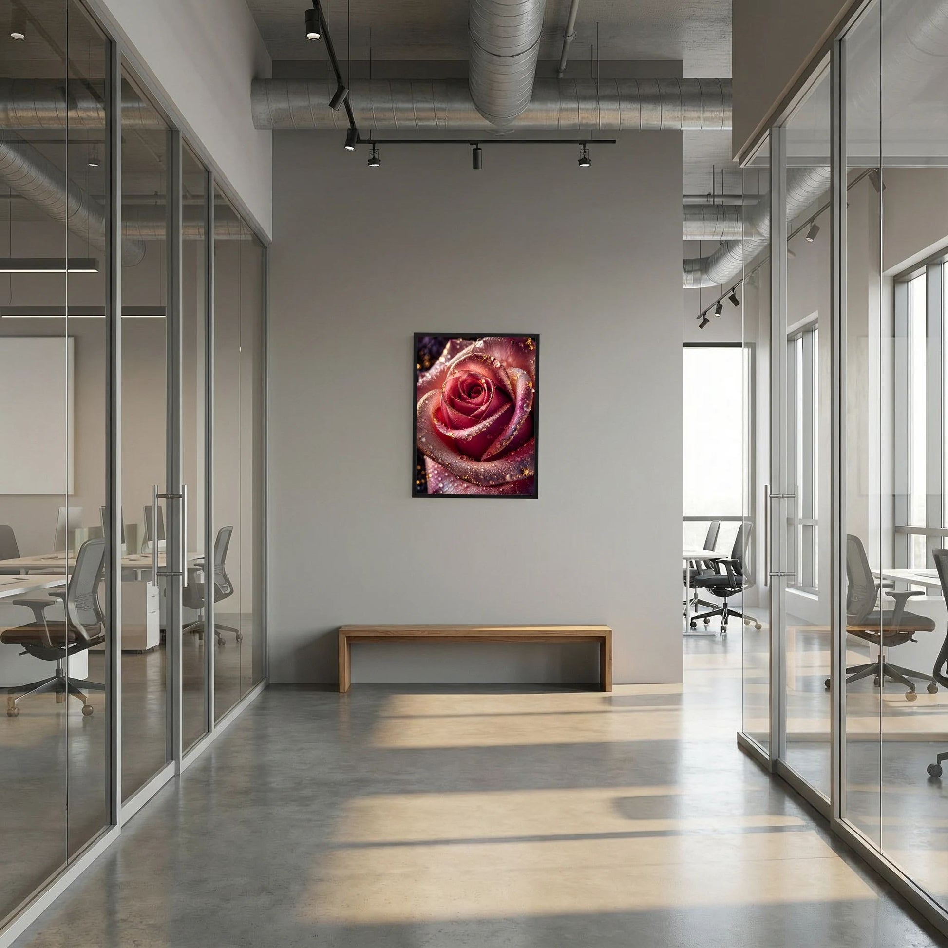 Hochformatiges Poster: Rosenblüte im Zentrum, rot mit goldenen Akzenten und Tropfen.