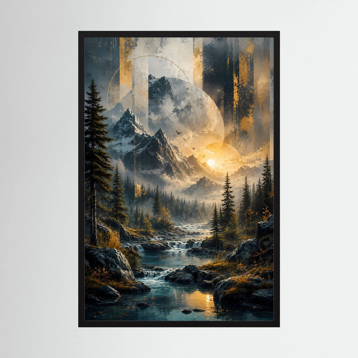 Poster Hochformat im schwarzen Rahmen mit Berglandschaft, Fluss und goldenem Sonnenlicht