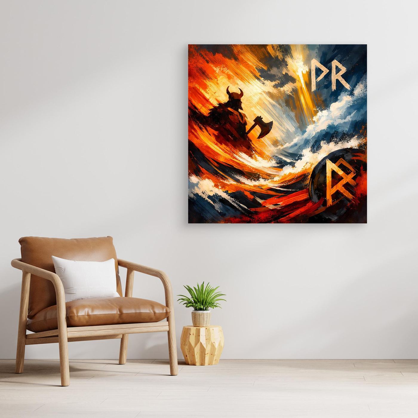 Wikinger-Wandbild mit Feuer und Sturmwellen, Rabe, Bootssymbol und Runenmarken