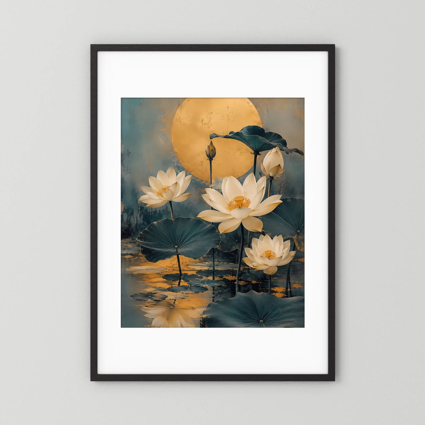 Hochformat-Poster mit goldener Mondscheibe und weißen Lotusblüten, schwarzer Rahmen