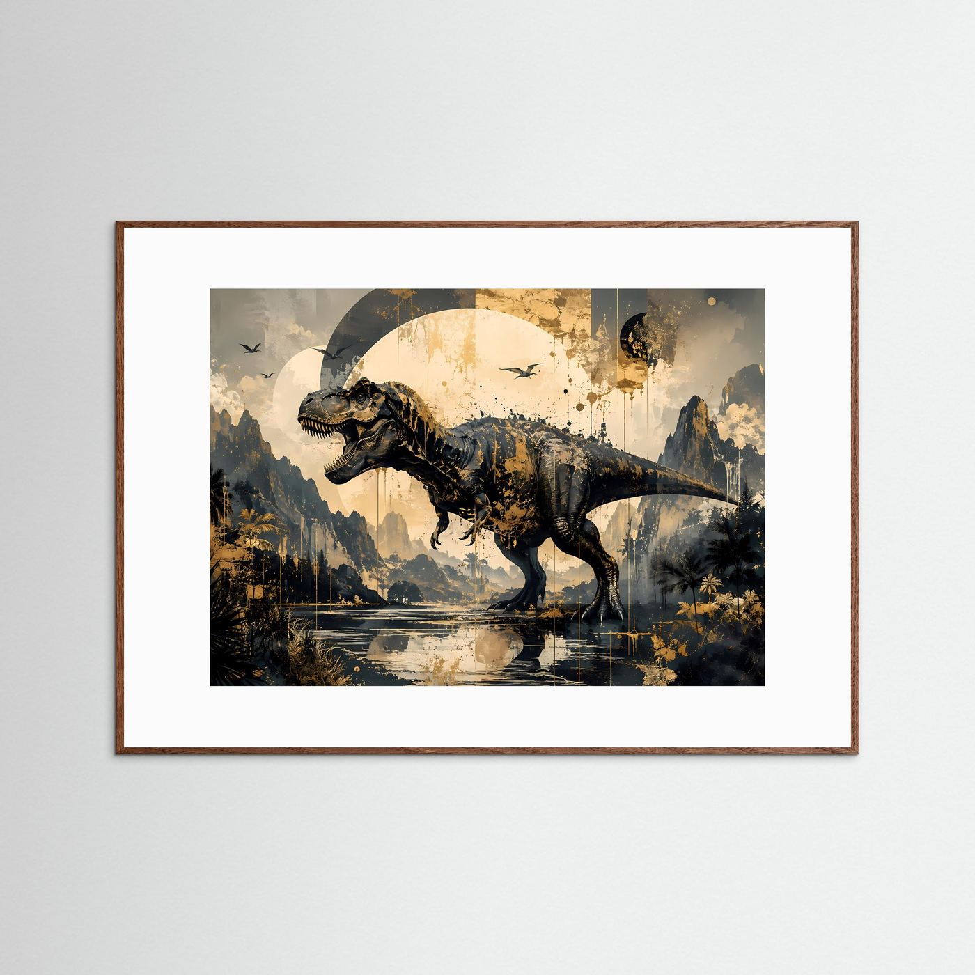 T-Rex Dinosaurier Poster | Abstrakte Jurassic Wandkunst in Schwarz Gold | Moderner Tyrannosaurus Kunstdruck
