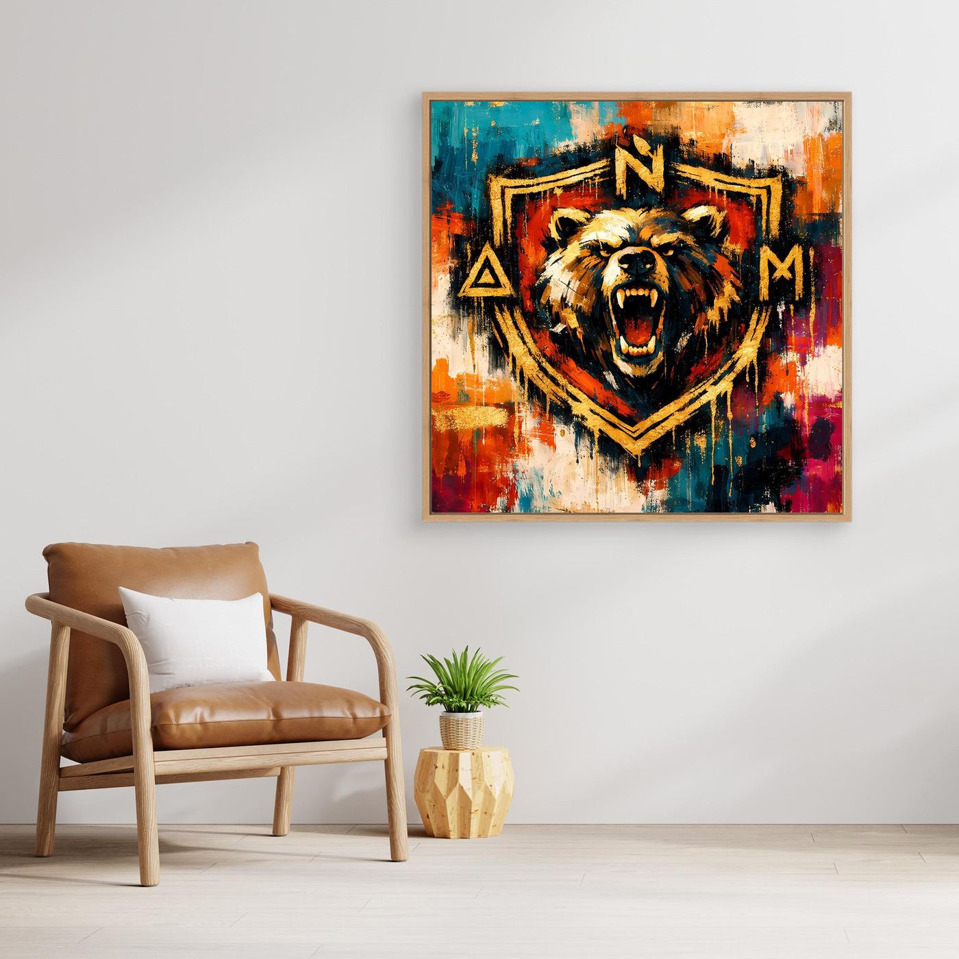 Leinwand-Wandbild mit Bärenwappen in Goldoptik, buntes Urban-Art Motiv, Holzrahmen