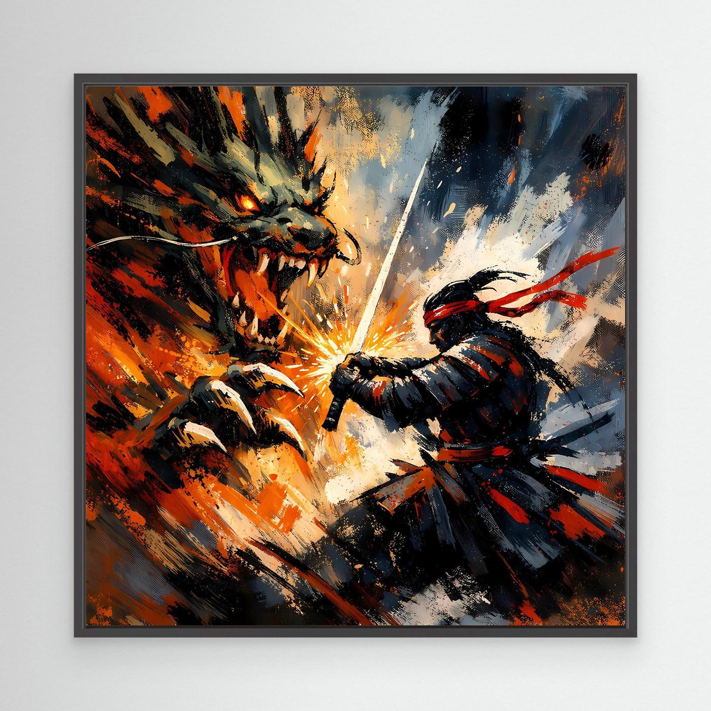 Premium Leinwand Samurai gegen Drache | Abstraktes Fantasy Wandbild Voller Dynamik & Kampfgeist
