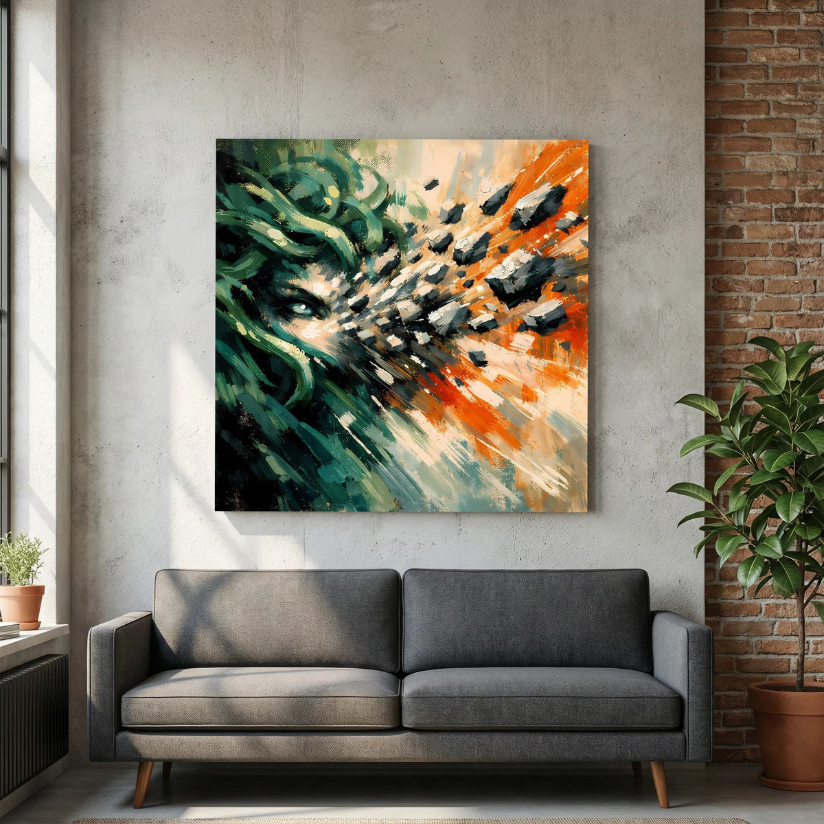 Quadratisches Leinwandbild mit Medusa-Profil, grüner Farbfläche und orange-schwarzem Pinselbild