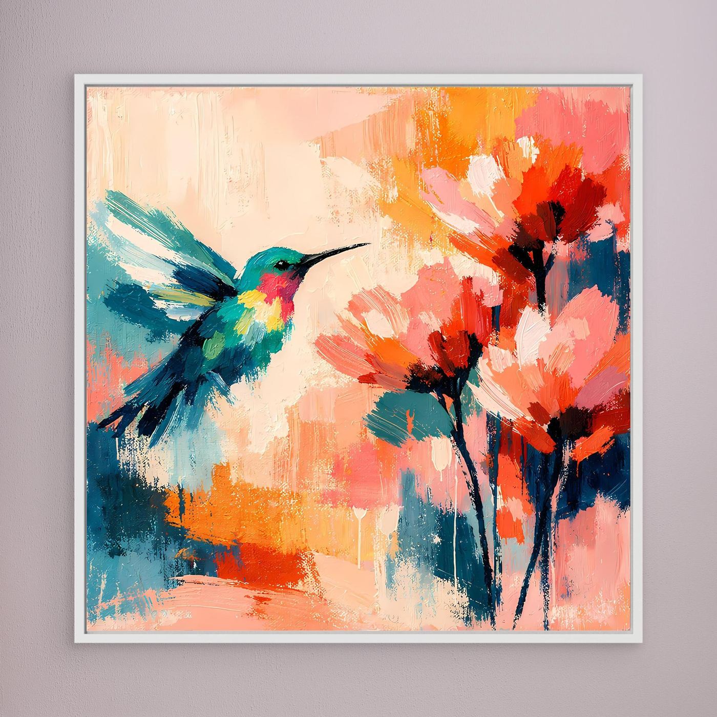 Framed abstract hummingbird and flowers wall art with colorful paint strokes, white border