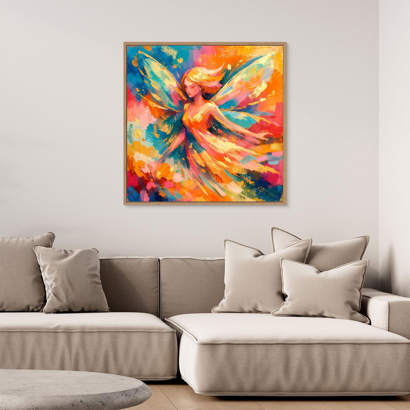 Quadratisches Leinwandbild mit Rahmen: Fee mit Flügeln, bunte abstrakte Farbwirbel.