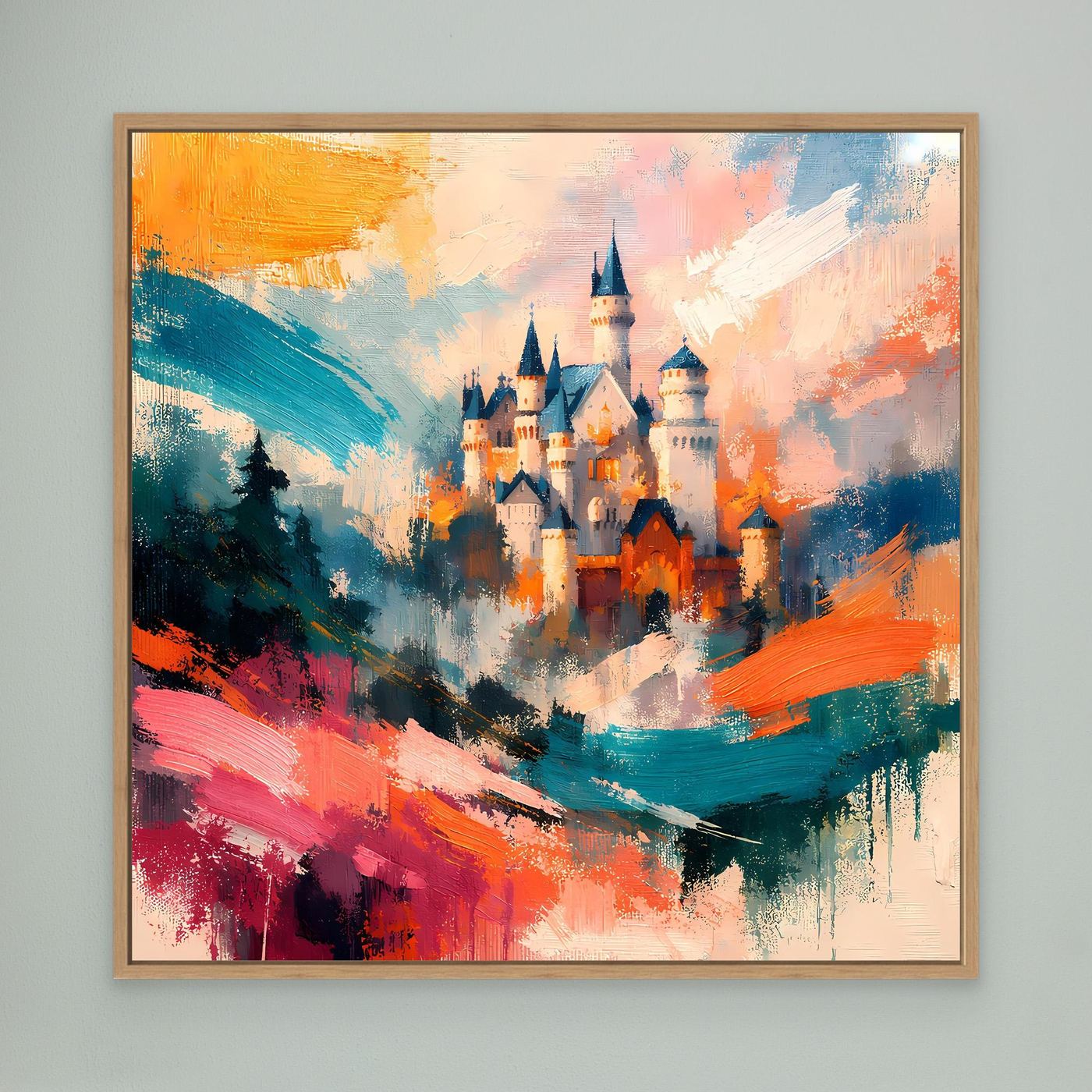 Premium Leinwand Märchenhaftes Schloss in abstrakten Farben | Modernes Castle Wandbild