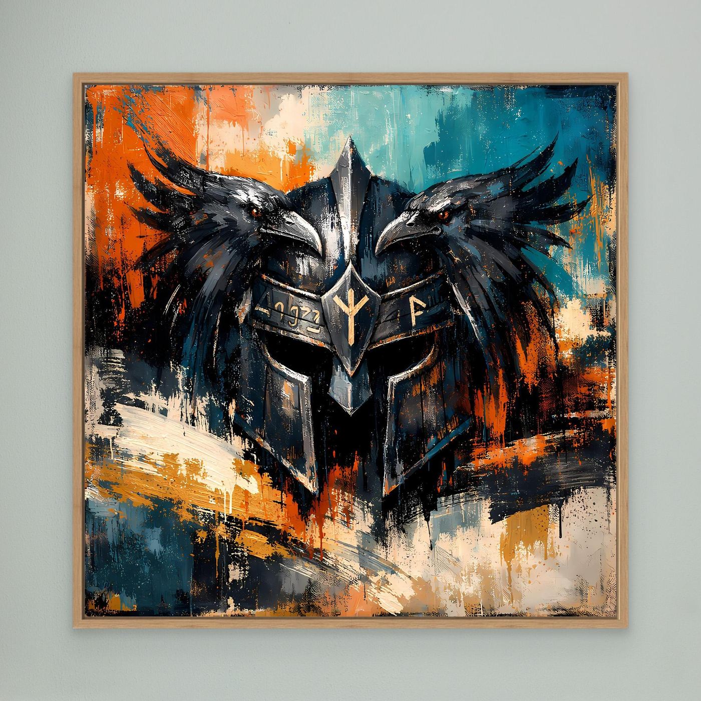 Wandbild Odin-Helm mit Raben, Holzrahmen, abstrakte Farben in Blau und Orange