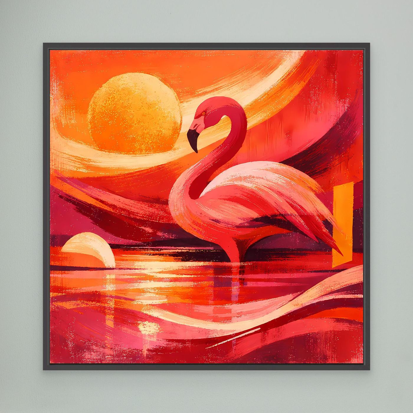 Wandbild Leinwand mit rotem Flamingo und Sonnenmotiv, schwarz gerahmt