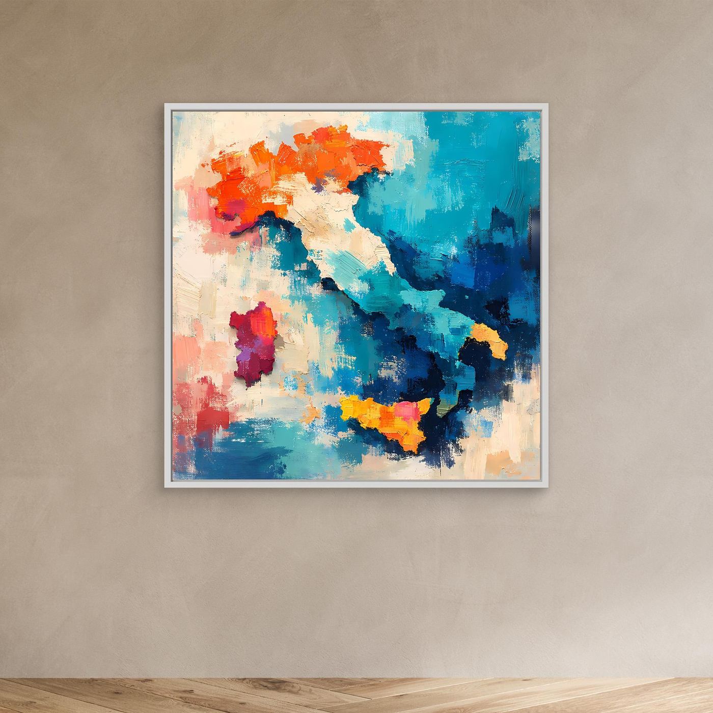 Abstract Italy map wall canvas with blue and orange accents in white frame