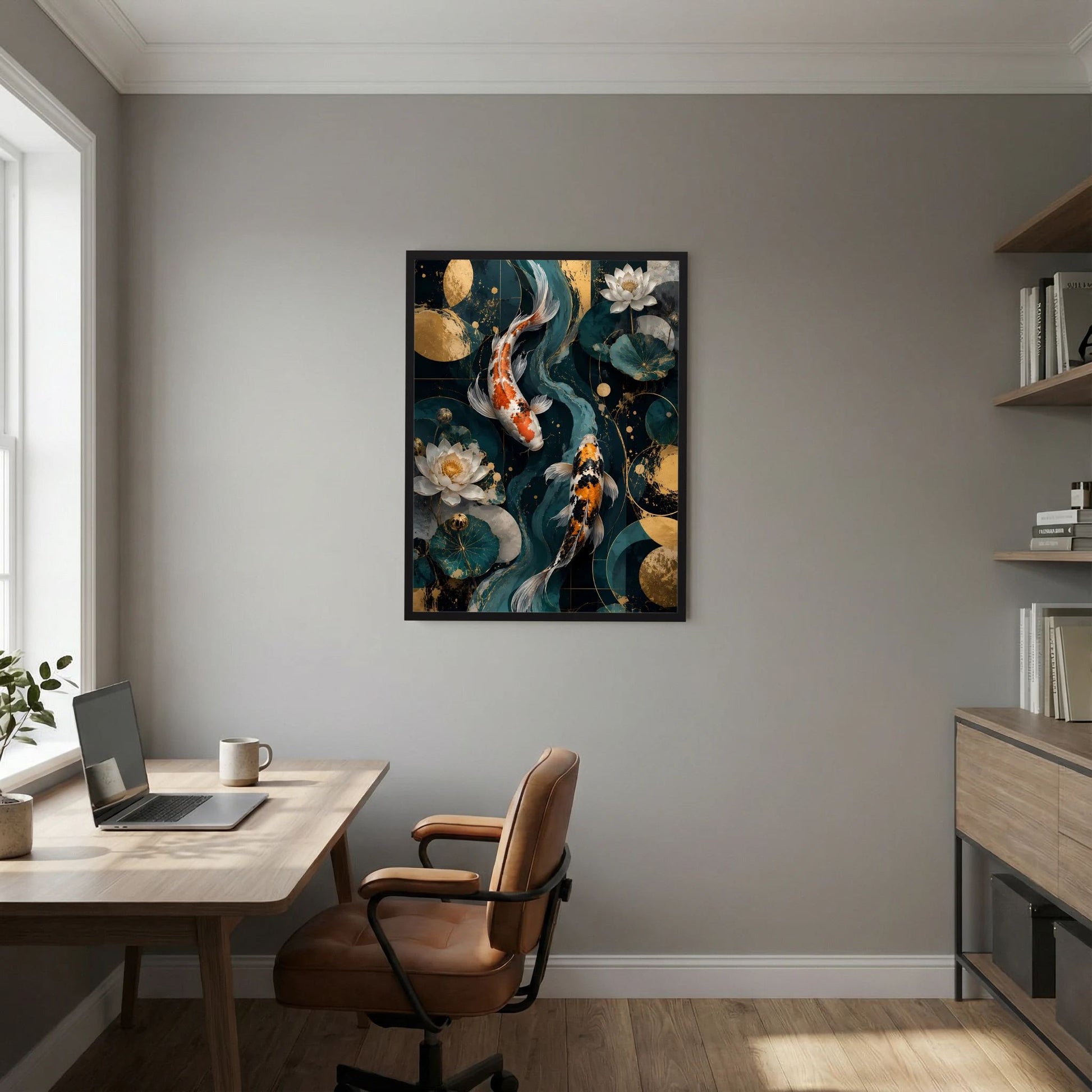 Gerahmtes Poster an der Wand über Sofa: Koi-Fische und Lotusblüten in Petrol & Gold
