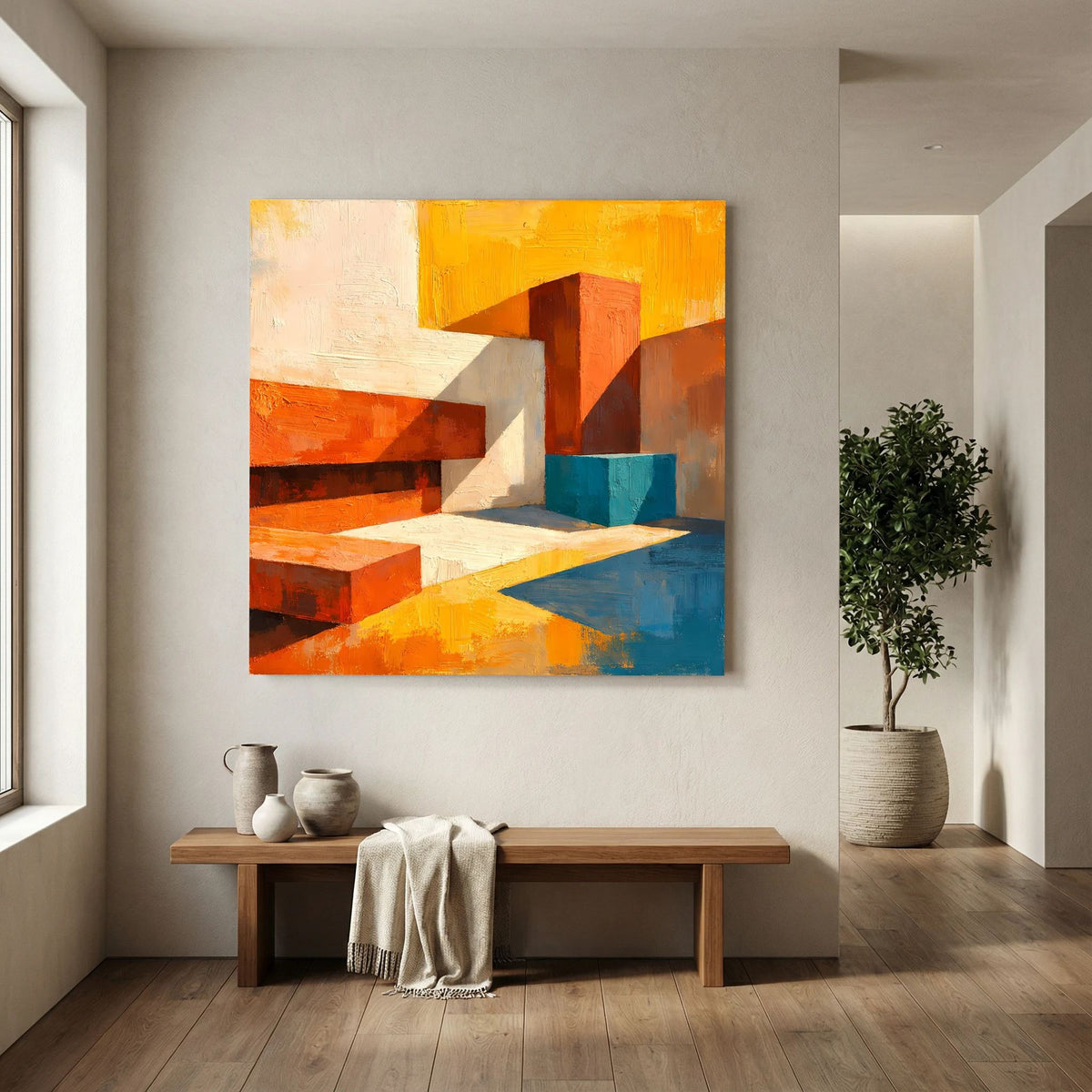 Abstraktes Leinwand-Wandbild mit dreidimensional wirkenden Kanten in Orange/Weiß/Blau