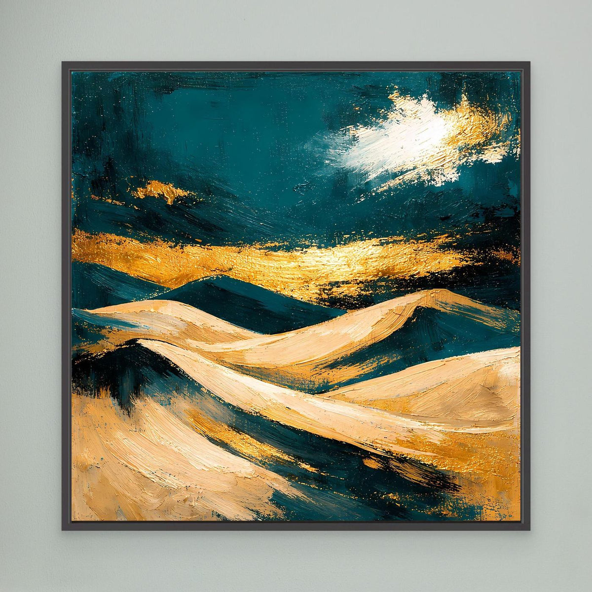Wandbild mit abstrakter Dünenlandschaft in Petrol, Beige und Gold, schwarzer Rahmen