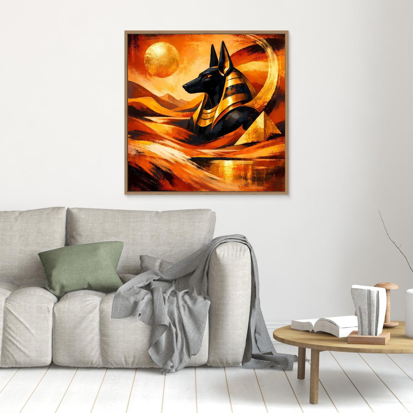 Kleines Leinwandbild mit schwarzem Anubis in Goldstreifen, abstrakte Wüste, brauner Rahmen