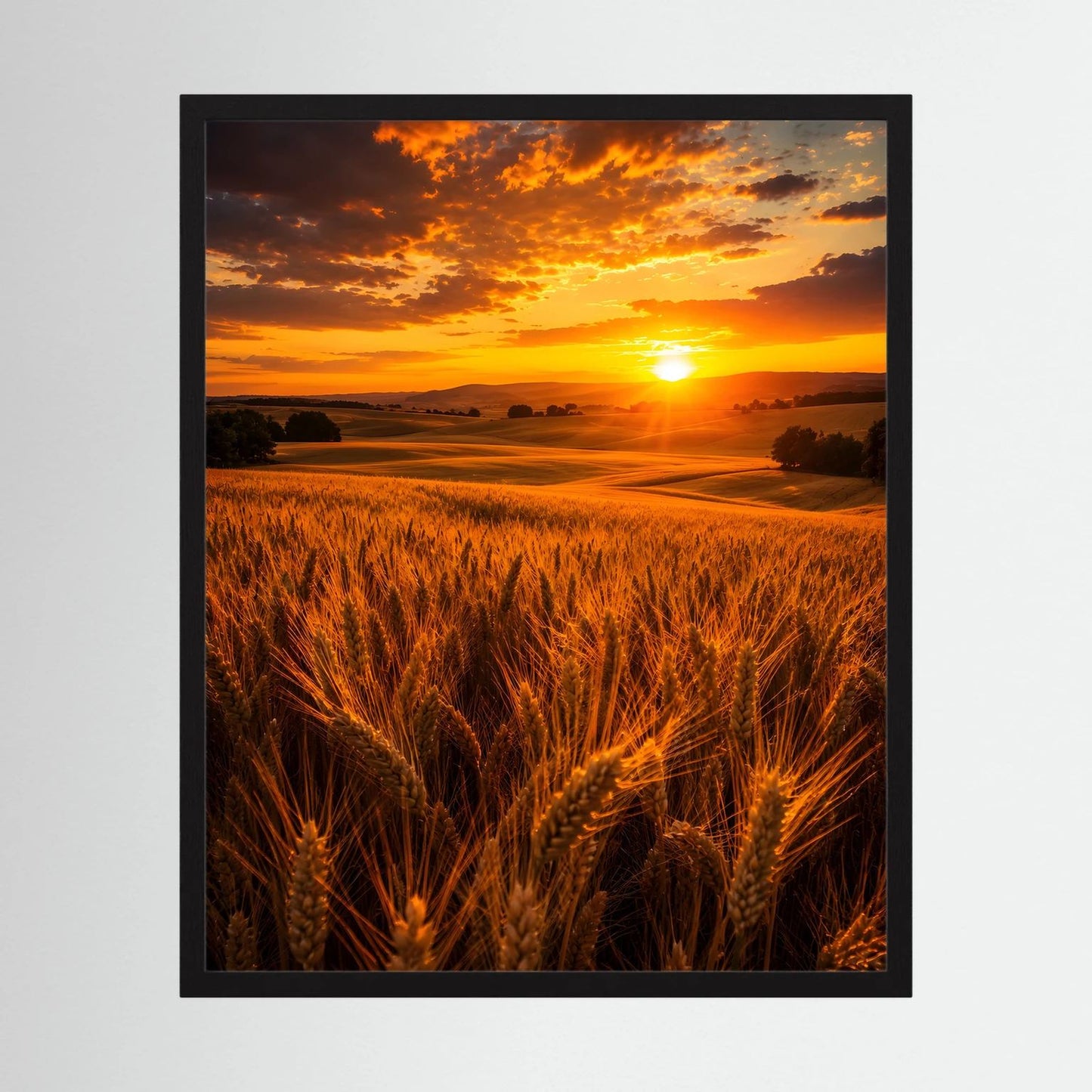 Poster im schwarzen Rahmen mit goldenem Weizenfeld und Sonnenuntergang, hochformatig