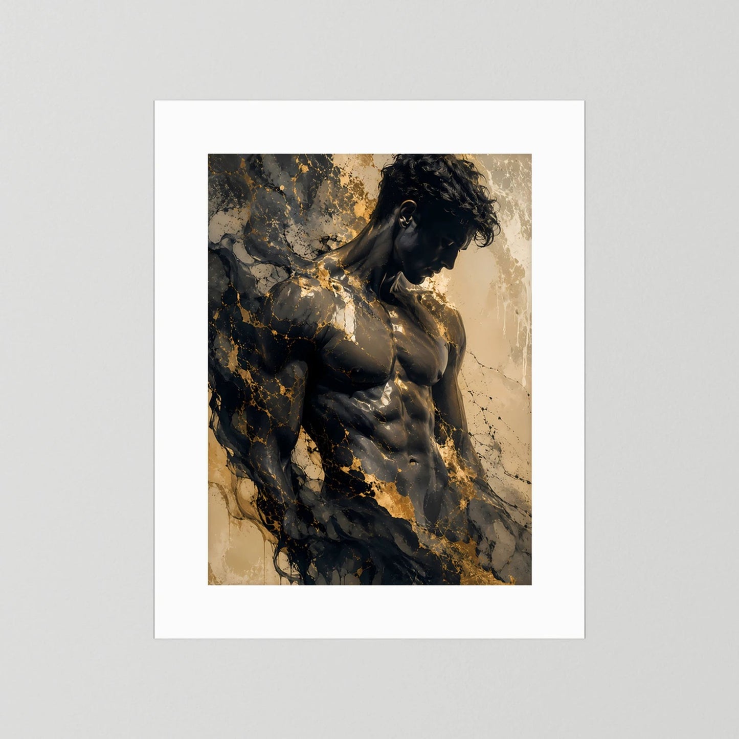 Hochformat-Poster mit weißem Rand und abstraktem Männerkörper in Schwarz und Gold