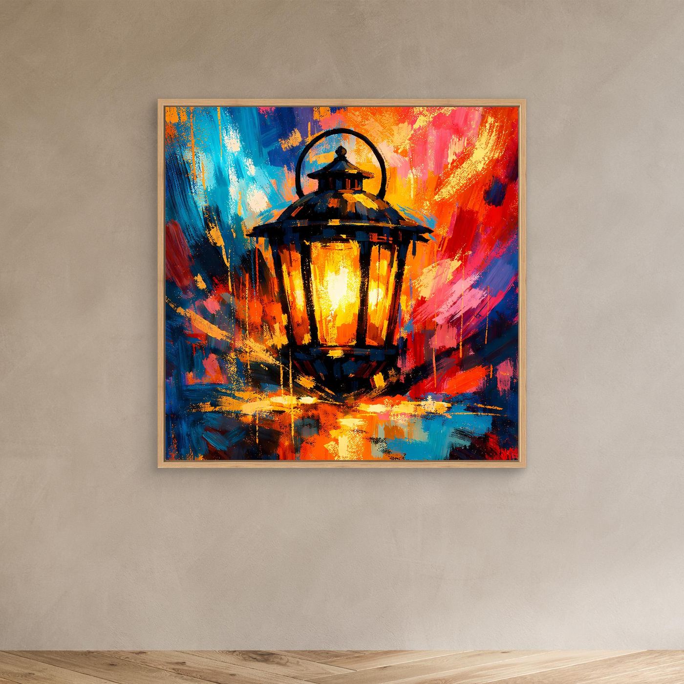 Gerahmtes Leinwandbild mit Laterne, abstrakte Pinselstriche in Blau, Rot und Orange
