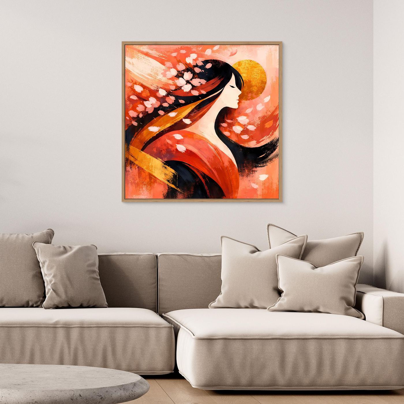 Leinwandbild mit Geisha im Profil und Kirschblüten, warmes Orange-Rot mit Rahmen