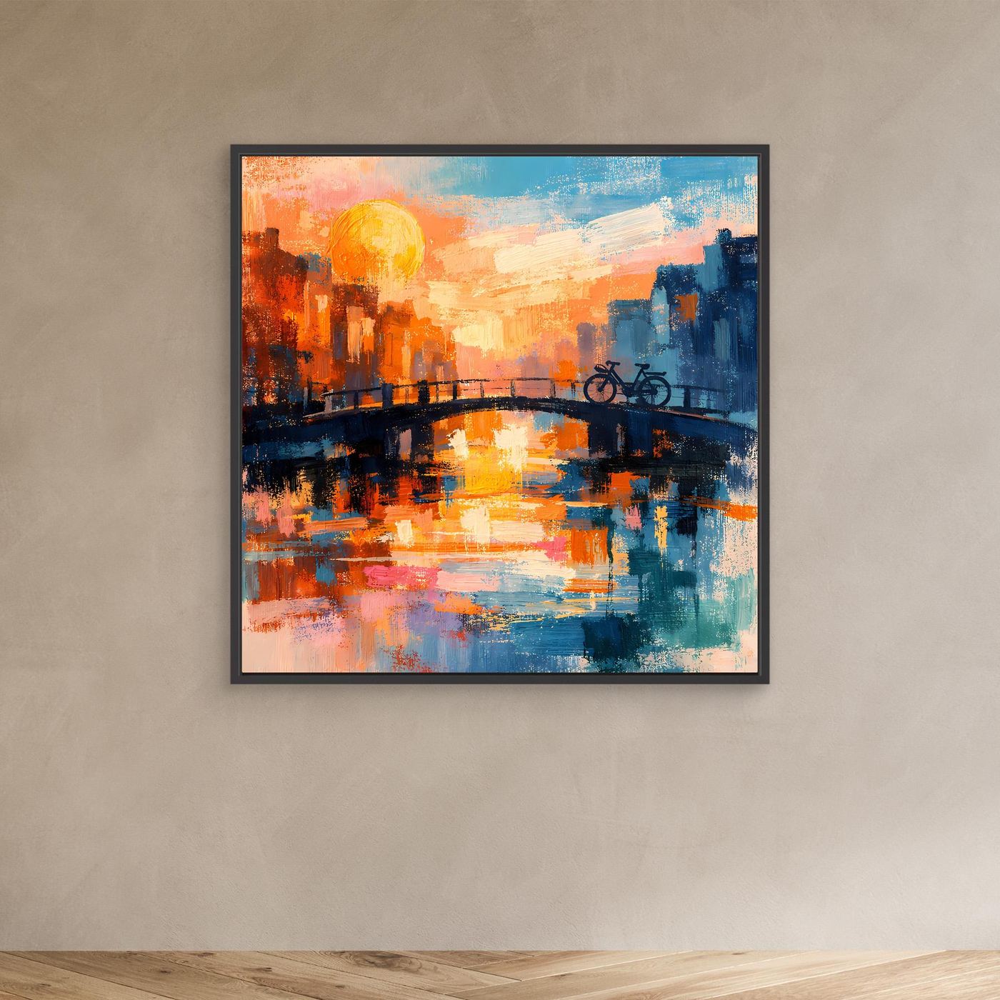 Leinwand Abstraktes Amsterdam Gemälde | Modernes Romantisches Grachten Wandbild mit Fahrrad